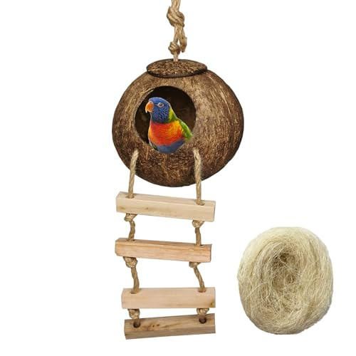 Hamiledyi Hanging Bird House With Ladder Natural Coconut Fiber Shell Bird Nest Breeding For Parrot Parakeet Lovebird Finch Canary Coconut Hide Bird Swing Toys For Hamster Bird Cage Accessories Pet Bird Supplies