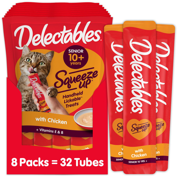 Hartz Delectables Squeeze Up Creamy Squeezable Puree Lickable Wet Cat Treats Grain  No Added Fillers No By-Products No Added Preservatives 0.5 Ounces Senior Chicken 32 Tubes Total