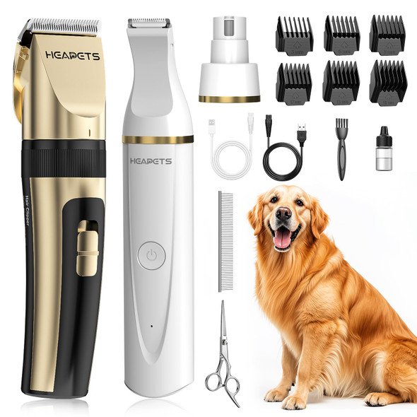 Heapets Dog Hair Clippers For Grooming Kit And Dog Paw Trimmer Nail Grinder For Grooming Low Noise Rechargeable Cordless Shaver Grooming Supplies For Pet Cats Dogs (Black White)