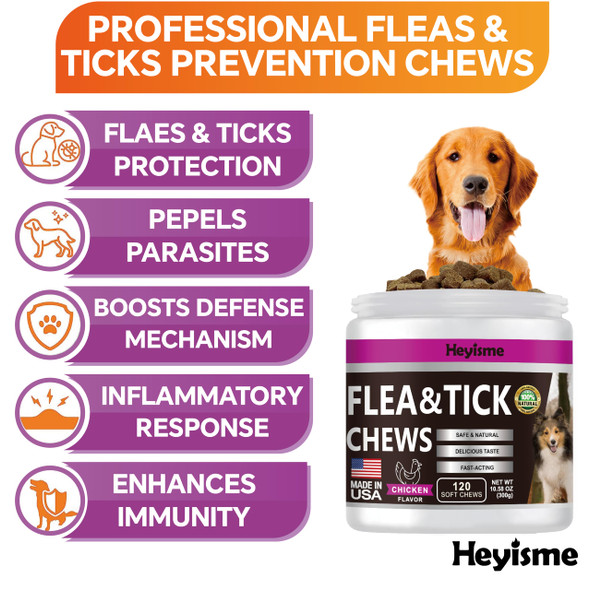 Heyisme Flea And Tick Prevention For Dogs Chewables Natural Dog Flea And Tick Control Supplement Flea Treatment For Dogs Oral Flea And Tick Chews Treats For All Breeds And Ages (Chicken 120 Chews)