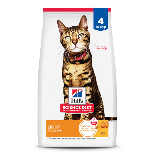 Hill'S Science Diet Light Adult 1-6 Weight Management Support Dry Cat Food Chicken Recipe 4 Lb Bag