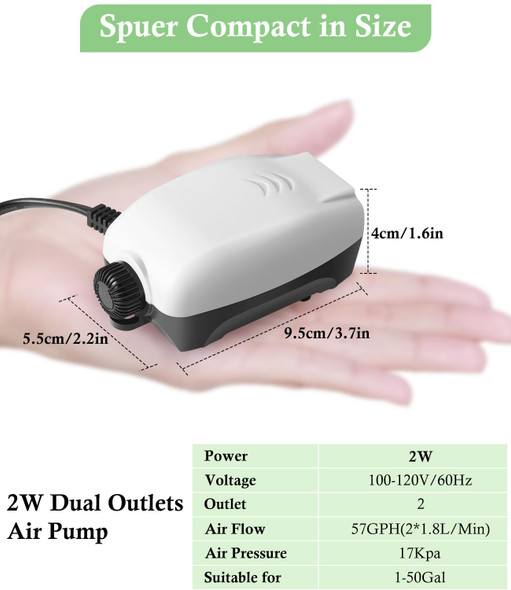 Hitop Dual Outlet Aquarium Electric Air Pump Whisper Adjustable Fish Tank Aerator Quiet Oxygen Pump With Accessories For 20 To 100 Gallon