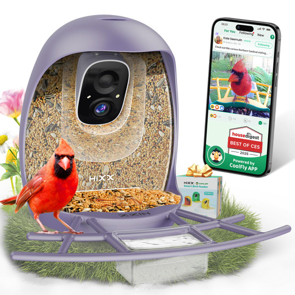 Hixx Smart Bird Feeder With Camera Ai Identify Birds & Auto Capture 2K Hd Live Camera Birdwatching With Color Night Vision For Bird Lovers S (Purple)