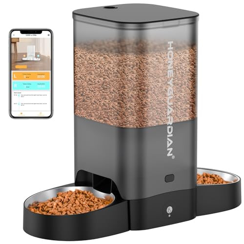 Honeyguaridan 5L Automatic Cat Feeder For Two Cats 5G Wifi Smart Feed Pet Feeder With Stainless Steel BowlApp Control Dispenser Dual Power SupplyDesiccant Bag10S Meal Call Black