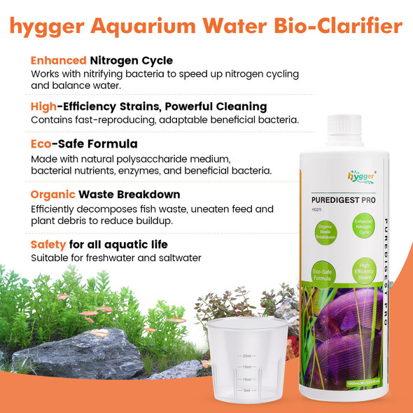 Hygger Aquarium Water Bio-Clarifier Reducing Fish Waste And Cleaning Organic Sludge Natural Fish Tank Aquarium Leave-In Waste Management Solution For Freshwater And Saltwater Tanks 500 Ml