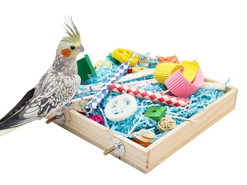 Jinkoozz Bird Foraging Toys Box Wooden Parrot Shredding Toys Box Bird Chewing Toys Birdcage Accessories Suitable For Small Birds Parakeets Cockatiels Love Birds Conures