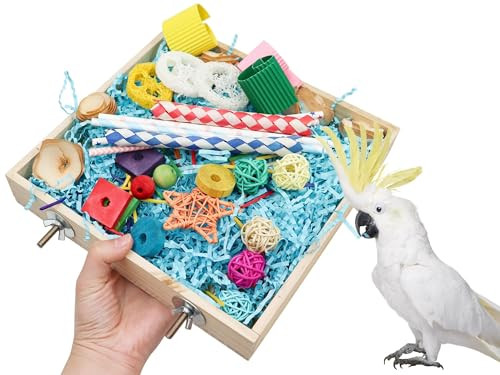 Jinkoozz Bird Foraging Toys Box Wooden Parrot Shredding Toys Box Bird Chewing Toys Birdcage Accessories Suitable For Small Birds Parakeets Cockatiels Love Birds Conures