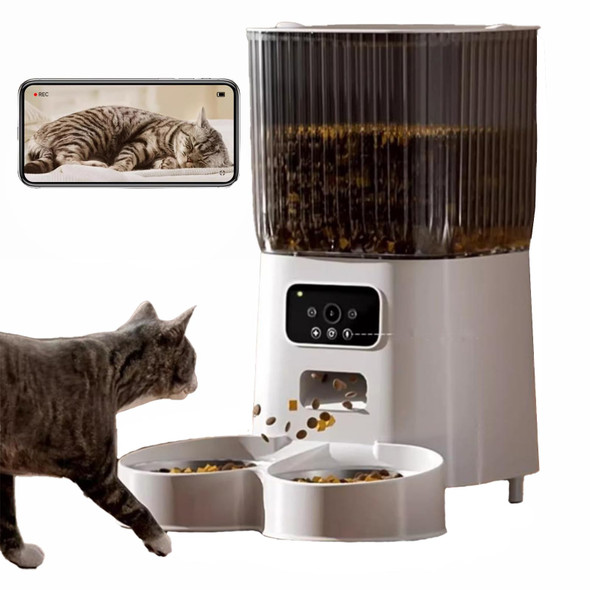 Junbec-Pet Automatic Cat Feeder Camera Auto 2 Cats Dispenser 5L Microchip Wifi 2.4G&5G Timed Dual Pet Smart App Dry Food Self Feeding Container Station (Black)