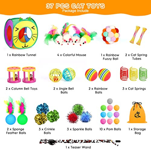 Kaqinu 37 Pcs Interactive Kitten Toys For Indoor Cats - Variety Set With Collapsible Tunnel Tube Tent Feather Teaser Wand Bell Fuzzy Ball Spring Mouse And Catnip