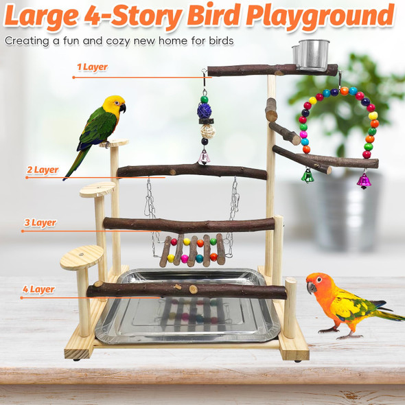 Kathson Wood Bird Playground Parrot Play Stand Bird Stand With Feeder Cups Birds Perch Stand With Ladder Hanging Swing Chewing Toys Conure Cage Accessories For Parakeet Conure Lovebird Cockatiel