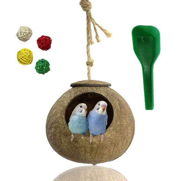 Kathson Natural Coconut Shell Bird NestHanging Coco Birds HouseParrots Hide Hut Habitats DecorParrot Cage Accessories For Lovebirds Cockatiel Canary BudgiesFeeder Spoon4 Toy Balls(6 Pcs)
