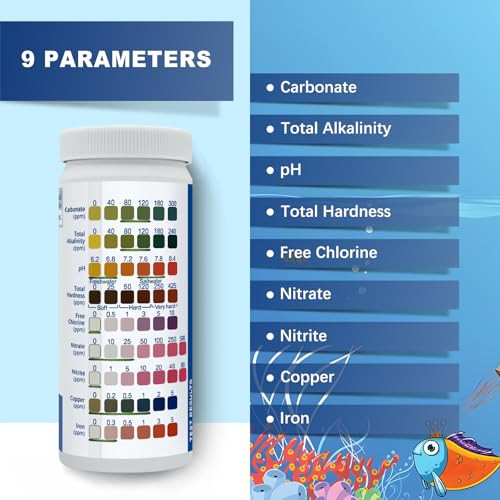 Keaslyfl Aquarium Test Strips100 Strips 9 In1 Saltwater And Freshwater Aquarium Test Kit For AquariumPond And Fish TankTesting CarbonateAlkalinityPhHardness ChlorineNitrateNitriteCopper And Iron.