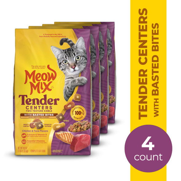 Meow Mix Tender Centers Basted Bites Dry Cat Food Chicken & Tuna Flavor 3 Pound (Pack Of 4) Crunchy Outside Meaty Inside