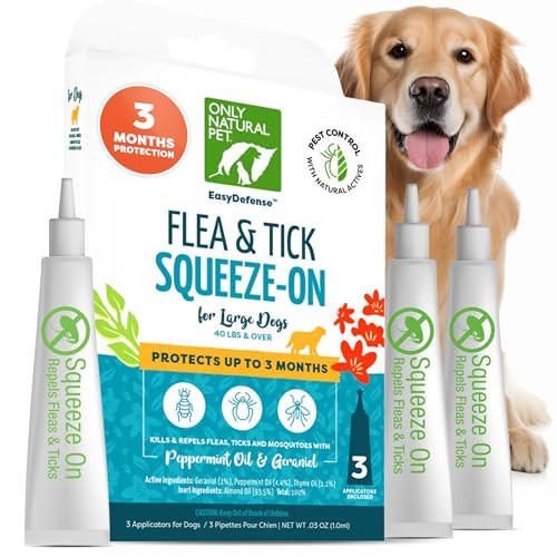 Only Natural Pet Flea And Tick Control For Large Breed Dogs (Over 40 Lbs) - Easydefense Flea & Tick Herbal Squeeze-On Drops - 3 Month Supply (L Sqz.)
