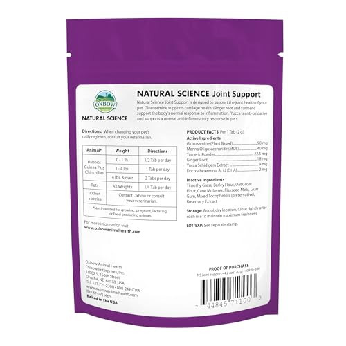 Oxbow Natural Science Joint Support Anti Inflammatory Supplement For Rabbit & Guinea Pig Oxbow Timothy Hay Made With Glucosamine Turmeric & Yucca Made In Usa 4.2 Oz Bag