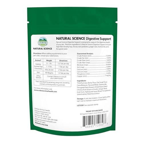 Oxbow Natural Science Digestive Support High Fiber Supplement For Rabbit & Guinea Pig Made With Timothy Hay Includes Chicory Root Ginger Root Chamomile Made In Usa 4.2 Oz Bag