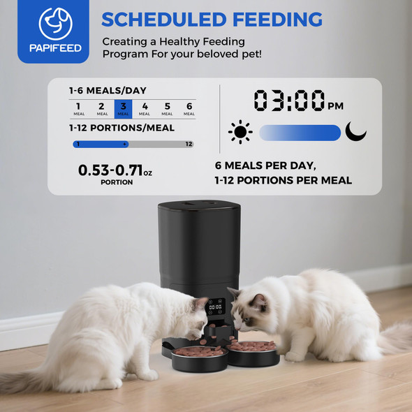 Papifeed Automatic Cat Feeder For 2 Cats 7L Large Capacity Food Dispenser For Multiple Pets Timed Cat Feeder For Dry Food Detachable For Easy Cleaning Up To 6 Portions 12 Meals Per Day - Black