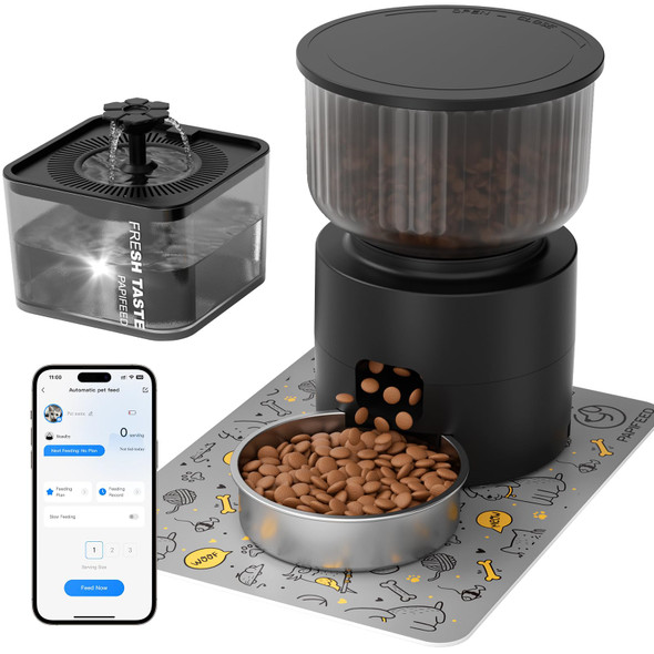 Papifeed Automatic Cat Feeder And Water Fountain 3L/12 Cups 2.4G Wifi Pet Feeder With Stainless Steel Bowl Smart App Control For Remote Feeding 1-12 Meals Per Day Detachable For Easy Clean (Black)