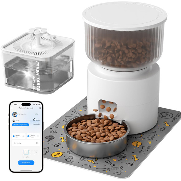 Papifeed Automatic Cat Feeder And Water Fountain 3L/12 Cups 2.4G Wifi Pet Feeder With Stainless Steel Bowl Smart App Control For Remote Feeding 1-12 Meals Per Day Detachable For Easy Clean (White)