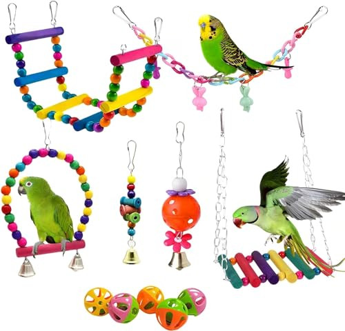 Paradmas Parakeet Cage Accessories: 11Pcs Bird Toy Swing Set For Cage - Colorful Natural Toys Suitable For Parrot Cockatiel Budgie Conure Mynah Lovebird