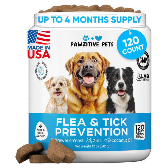 Pawzitive Pets Chewable Flea And Tick Prevention For Dogs - 120 Soft Chews Made In Usa - Oral Flea And Tick Control Pills For Small Medium Large Dogs And Puppies - Skin And Coat Supplement Treats For All Breeds
