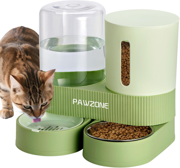 Pawzone 2 Pack Automatic Cat Feeder Stainless Steel Water Dispenser Gravity Food Feeder And Waterer Set With Pet Food Bowl For Small Medium Kitten Puppy Pets Large Capacity(Green)