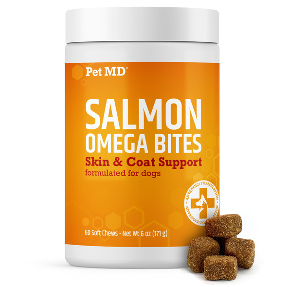 Pet Md Salmon Omega Bites For Dogs - Skin And Coat Supplement With Omega 3 & 6 For Dogs Plus Dha & Epa - Promotes Allergy & Dry Skin Relief - 120 Ct