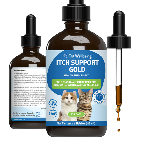 Pet Wellbeing Itch Support Gold For Cats - Occasional Itching Scratching And Hot Spots Environmental And Seasonal Allergies Dong Quai - Veterinarian-Formulated Herbal Supplement 4 Oz (118 Ml)