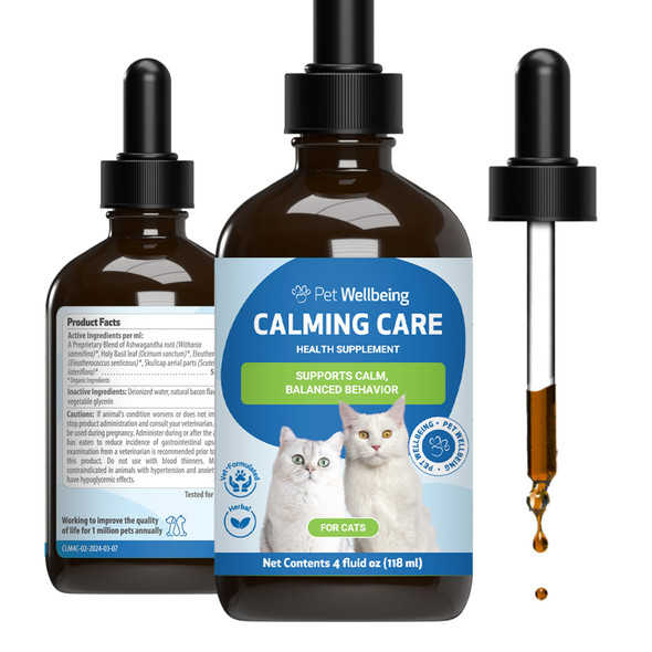 Pet Wellbeing Calming Care For Cats - Vet-Formulated Behavioral Support - Feline Stress Support Emotional Wellness - Ashwagandha & Holy Basil Adaptogen - Holistic Cat Supplement 2 Oz (59Ml)