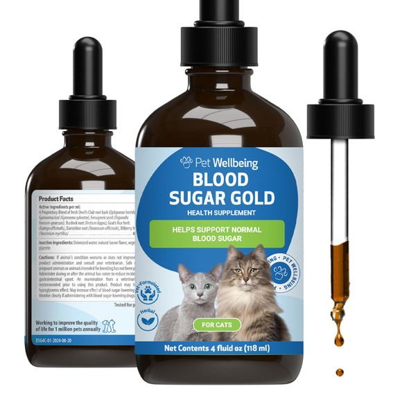 Pet Wellbeing - Blood Sugar Gold For Cats - Natural Support For Healthy Blood Sugar Levels In Diabetic Cats - Insulin Stabilization & Normal Pancreatic Function - 2 Oz (59 Ml)