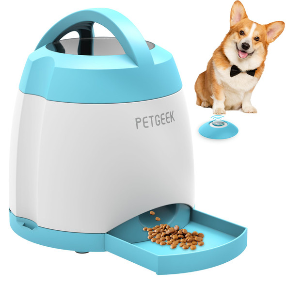 Petgeek Automatic Dog Treat Dispenser Interactive Pet Toy Food Dispensing For Iq Training Dog Food Dispenser With Button Remote Push Dual Power Supply For Indoor Outdoor Use Blue