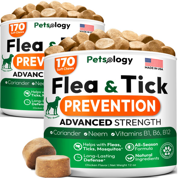 Petsology Flea And Tick Prevention For Dogs Pills - Natural Dog Flea & Tick Control - 170 Soft Chewables - Oral Defense Treatment For Dogs Supplement - Vet Formulated Chews - All Breeds & Ages - Made In Usa