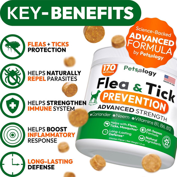 Petsology Flea And Tick Prevention For Dogs Pills - Natural Dog Flea & Tick Control - 170 Soft Chewables - Oral Defense Treatment For Dogs Supplement - Vet Formulated Chews - All Breeds & Ages - Made In Usa