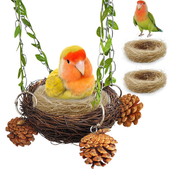 Pinvnby Natural Coconut Shell Bird Nest For Cage Coconut Fiber With Warm Pad Coconut Hide Bird Swing Toys For Bird Conure Budgie Cockatiel Lovebird Sugar Glider Canary Hamster