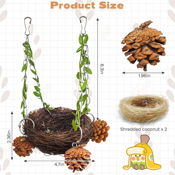 Pinvnby Natural Coconut Shell Bird Nest For Cage Coconut Fiber With Warm Pad Coconut Hide Bird Swing Toys For Bird Conure Budgie Cockatiel Lovebird Sugar Glider Canary Hamster