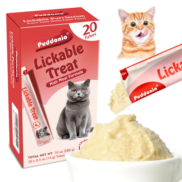Puddonio High-Meat Lickable Cat Treats Grain & Gum  No Additives All-Natural High Protein Puree 0.5Oz Tubes (Pack Of 20)