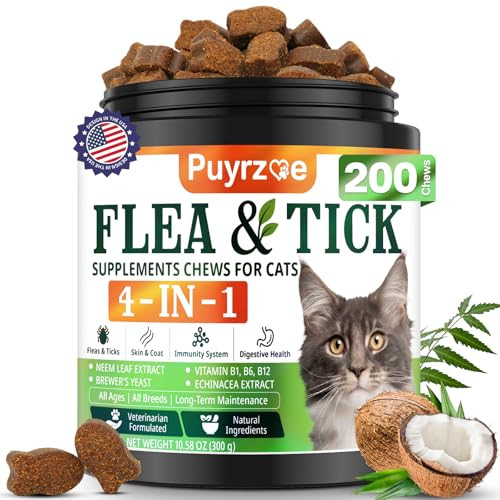 Puyrzoe 4-In-1 Flea Treatment For Cats Chewable Natural Cat Flea And Tick Prevention Chewable Supplement For Skin & Coat Immunity Support Digestive Flea & Tick Treatment For All Breeds & Sizes