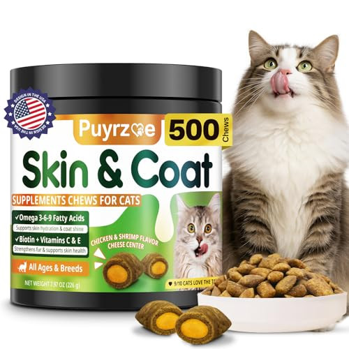 Puyrzoe Cat Skin And Coat Health - 500 Chews Crunchy & Creamy Cheese Core With Omega 3/6/9 Vitamins C & E Biotin For Skin Hydration & Coat Shine Supplement For Cats Kittens - Chicken & Shrimp Flavor