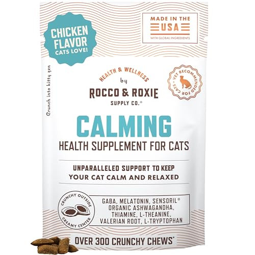 Rocco & Roxie Supply Co. Cat Calming Treats With Melatonin For Cats Stress And Anxiety Relief Keep Calm For Grooming Travel Or Vet Visits Aid Sleep With Organic Ashwagandha And Gaba Chicken Flavored Chews