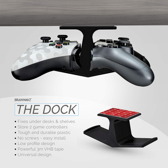 BRAINWAVZ [EOL] The Dock - Dual Game Controller Holder Under The Desk Mount for Xbox Series X, One, PS5, PS4, Switch, Streelseries, PC Gamepad & More, No Screws, Easy to Install, Black [EOL]