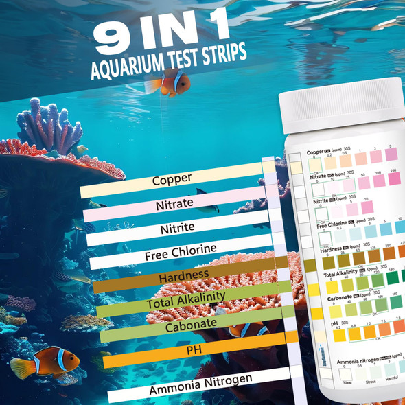 Saysummer Aquarium Test Strips For Fish Tank: 9 In 1 Aquarium Ammonia Test Strips For Fish Tank - 125 Counts Aquarium Water Test Kit Testing Ammonia Nitrogen Copper Ph And More