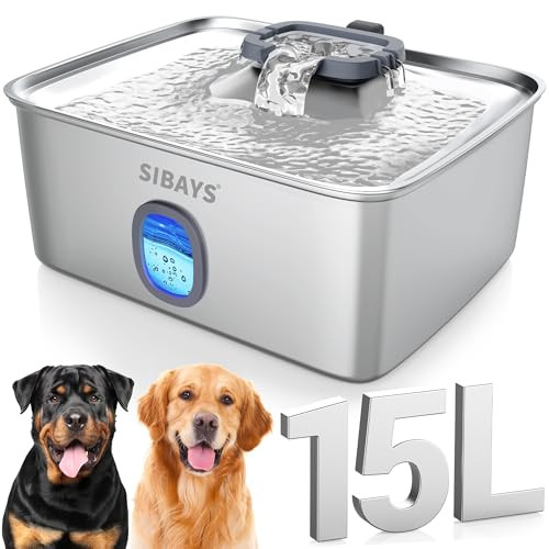 Sibays 4Gal/15L Large Dog Water Fountain Stainless Steel Pet Fountain With Water Window & Led Light Ultra Quiet Automatic Dog Water Bowl Dispenser For Large Dogs & Multi-Pet Easy To Clean Fs76