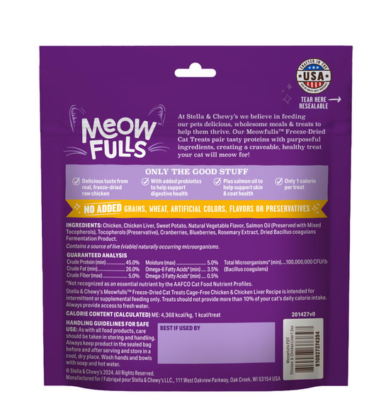 Stella & Chewy'S Meowfulls Ze Dried Cat Treats - Chicken & Chicken Liver Recipe - Raw Protein With Probiotics & Salmon Oil - 1 Calorie Per Treat - 1.5 Oz