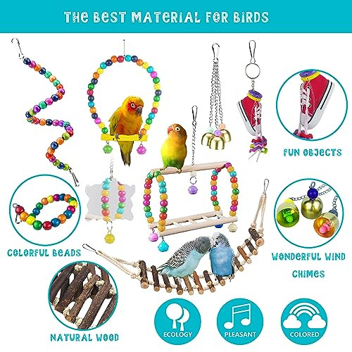Sysmashing 23Pcs Bird Parakeet Cockatiel ToysParrot Swing Chewing Hanging Toy With Safe BellsBird Cage Colorful Climbing Standing Rope Natural Wood Ladder Bungee Toys
