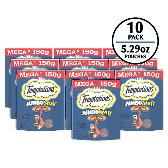 Temptations Jumbo Stuff Crunchy And Soft Cat Treats Savory Salmon Flavor 14 Oz. Tub