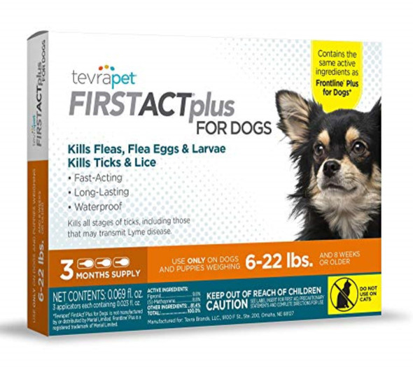 Tevrapet Firstact Plus Flea Treatment For Dogs Small Dogs 5-22 Lbs 6 Doses Same Active Ingredients As Frontline Plus Flea And Tick Prevention For Dogs