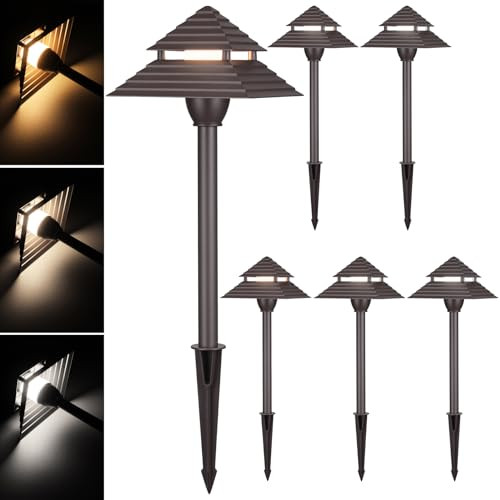 LEONLITE 3CCT Low Voltage Pathway Lights, LED Landscape Path Lights, 3000K/4000K/5000K, 2-Tier Pagoda Head, 12-15V AC/12-24V DC, IP65 Outdoor Walkway Light, Bronze Aluminum Housing, Pack of 6