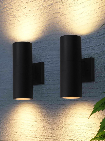 LEONLITE Modern Outdoor Cylinder Wall Lights 12", Porch Light in 2 Lights, Up Down Lights, Matte Black Waterproof Wall Sconce, Aluminum, E26 Base, Exterior Light Fixture Wall Mount, ETL, Pack of 2