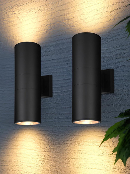LEONLITE Modern Outdoor Cylinder Wall Lights 12", Porch Light in 2 Lights, Up Down Lights, Matte Black Waterproof Wall Sconce, Aluminum, E26 Base, Exterior Light Fixture Wall Mount, ETL, Pack of 2