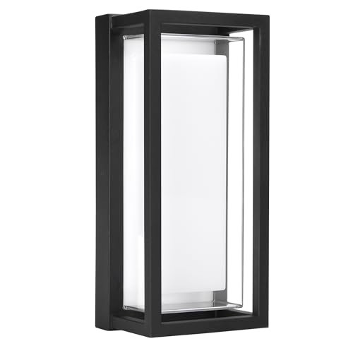 Maxxima LED Porch Lantern Outdoor Wall Light, Black with Clear Lens, 1800 Lumens, 5 CCT 2700K/3000K/3500K/4000K/5000K, Modern Exterior Patio Sconce Lantern
